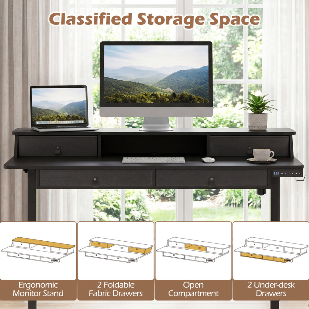 Electric standing desk with ergonomic monitor stand, 2 fabric drawers, and under-desk storage for organized workspace.