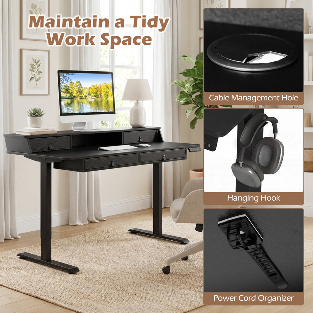 Electric standing desk with drawers, cable management hole, and ergonomic monitor stand for a tidy workspace.
