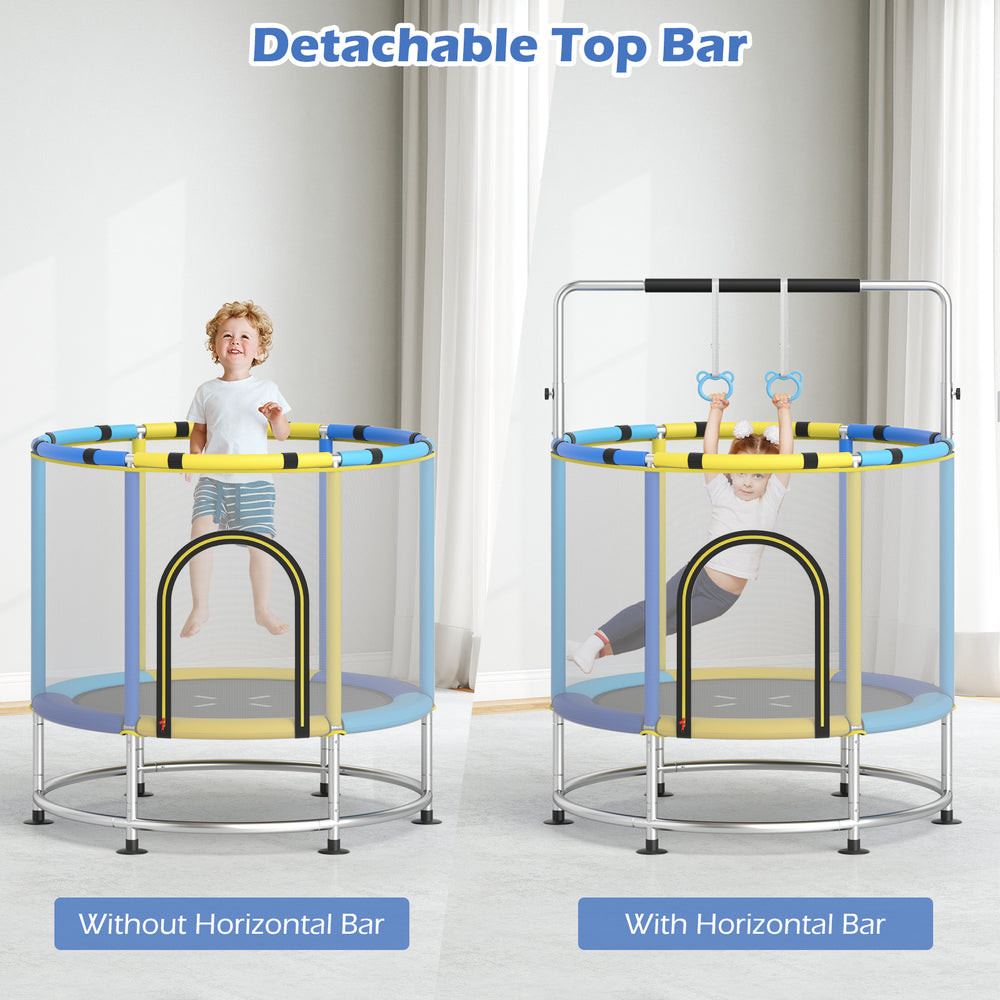 Kids trampoline featuring a 55" jumping mat, detachable gym bar, and safety net for secure play, ideal for ages 3-6.
