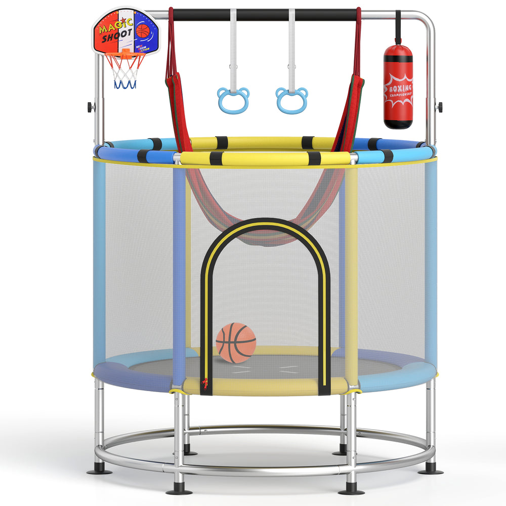 55" kids trampoline with safety net, adjustable gym bar, and basketball hoop, perfect for ages 3-6 for fun playtime.
