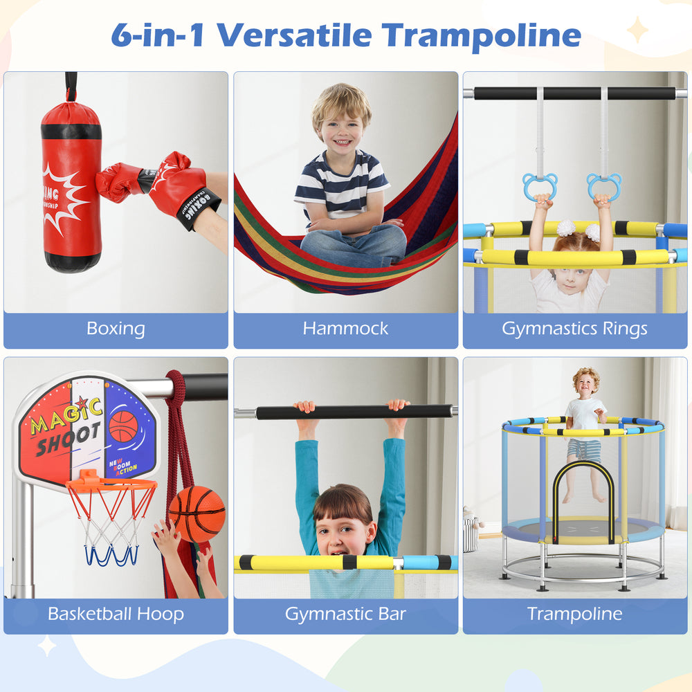55" kids trampoline with adjustable gym bar, safety net, and accessories for fun play in home or yard.