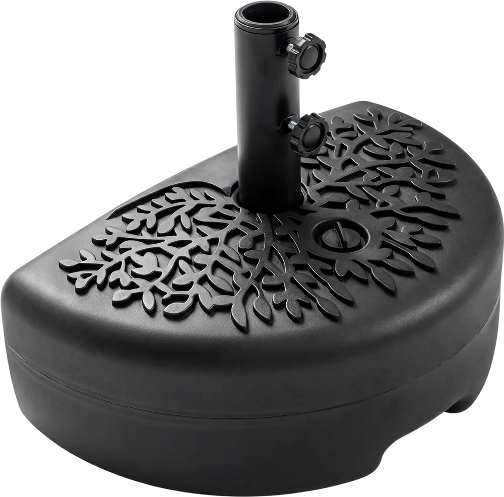 Half round patio umbrella base in black, holds 55 lbs with water or sand, ideal for small spaces and easy to move.