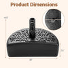 Half round patio umbrella base in black with dimensions, designed for stability and easy movement for outdoor use.