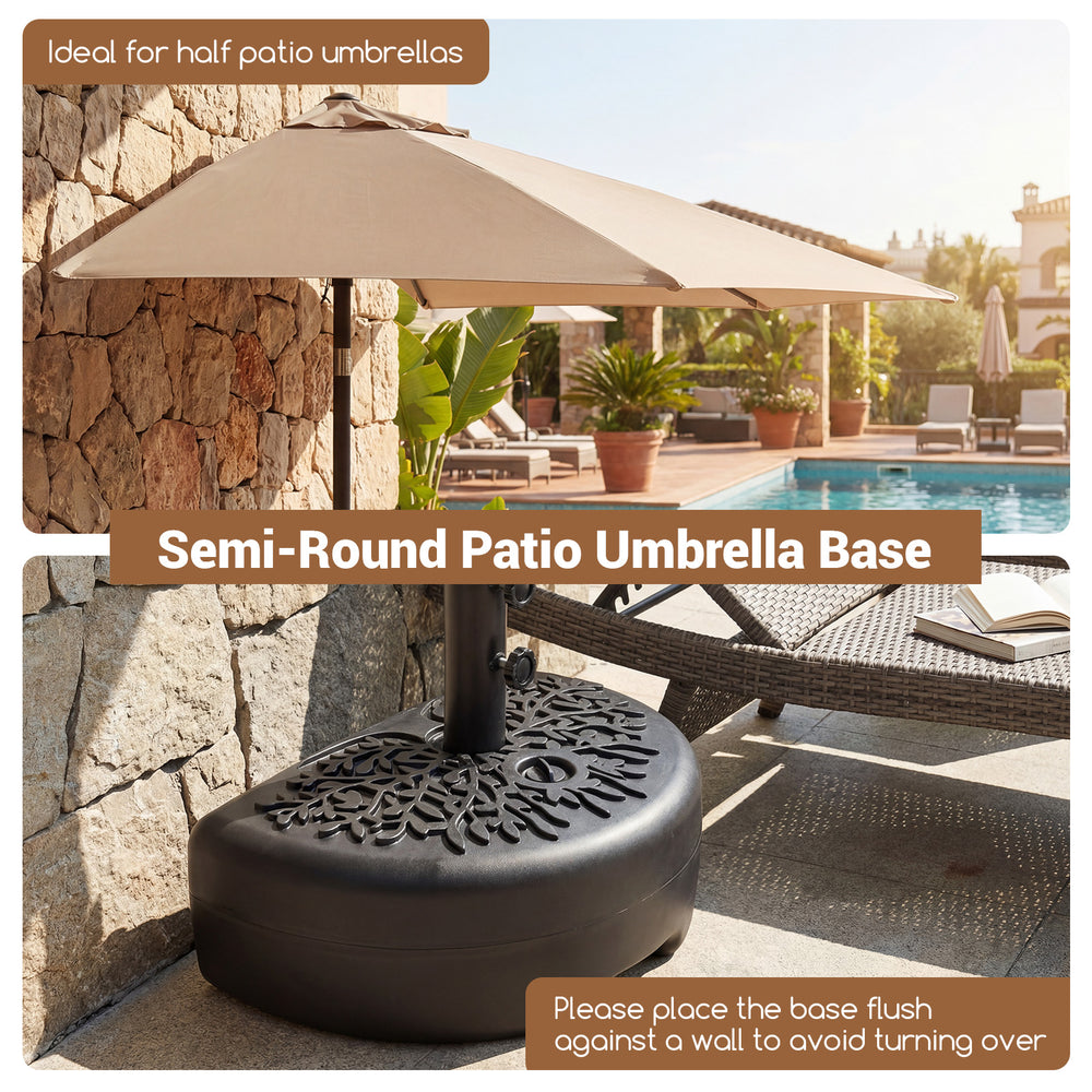 Semi-round patio umbrella base in black, designed for half umbrellas, offers stability with a sand-water mixture for.