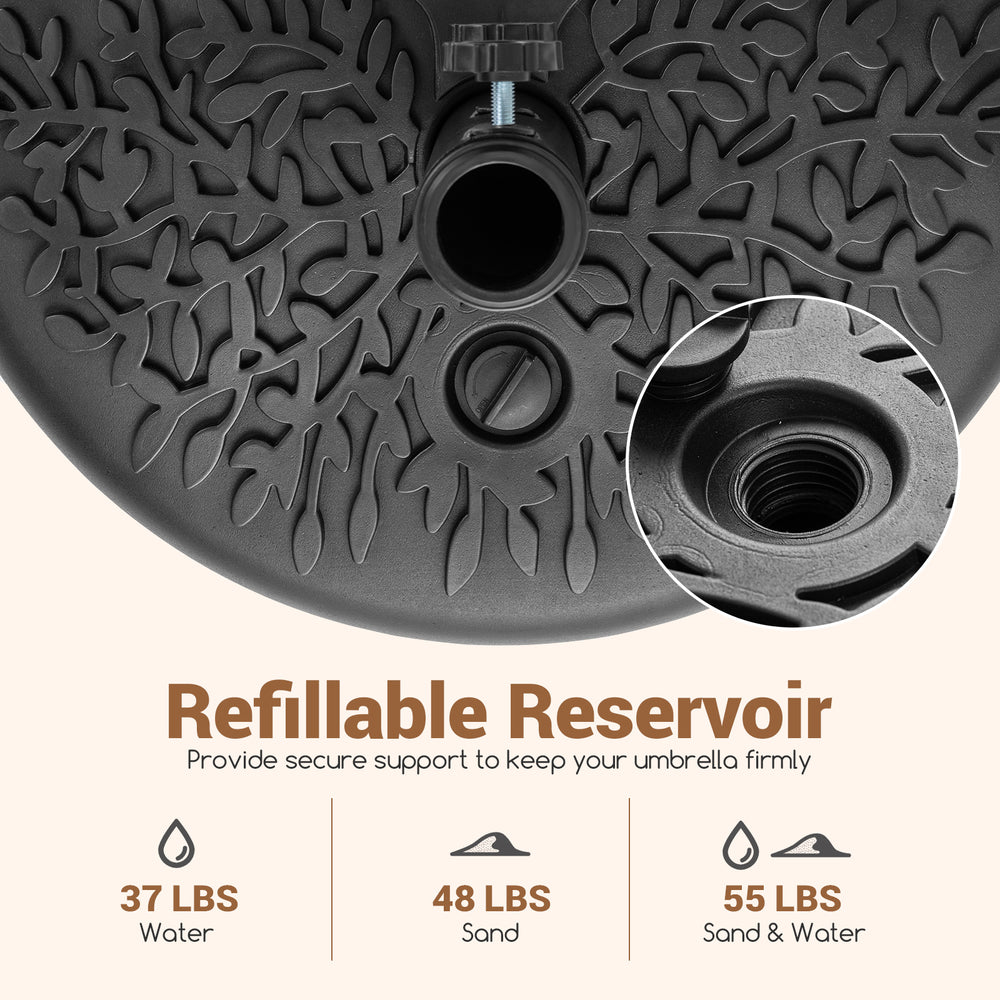 Half-round patio umbrella base with refillable reservoir, holds 55 lbs sand-water mixture for stability in outdoor.