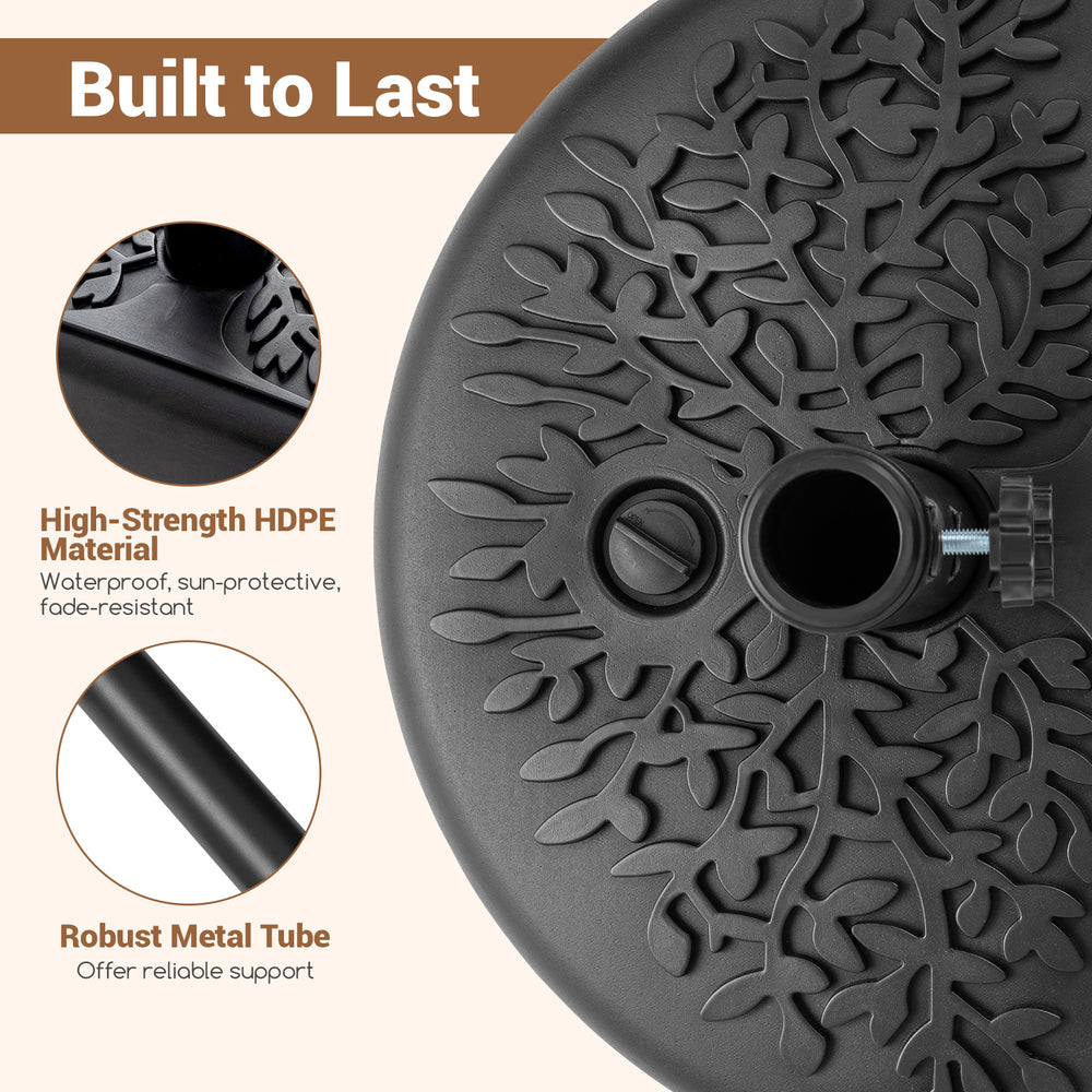 Half-round patio umbrella base in black, made of high-strength HDPE material, designed for stability and easy movement.