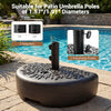 Half-round black patio umbrella base with adjustable knobs and two adapters, ideal for small spaces by the poolside.