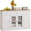 Large white buffet sideboard with 3 drawers and 2 see-through doors, perfect for kitchen storage and display.