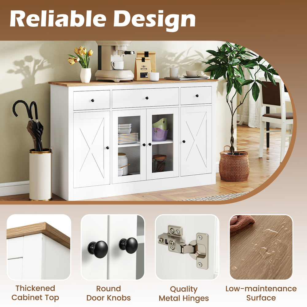 Large 55" white buffet sideboard with 3 drawers, 2 glass doors, and adjustable shelves for versatile kitchen storage.