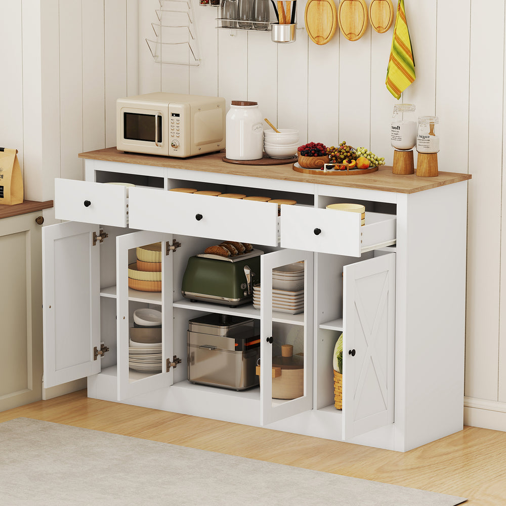 Large buffet sideboard in white with 3 drawers and 2 see-through doors, ideal for kitchen storage and display.