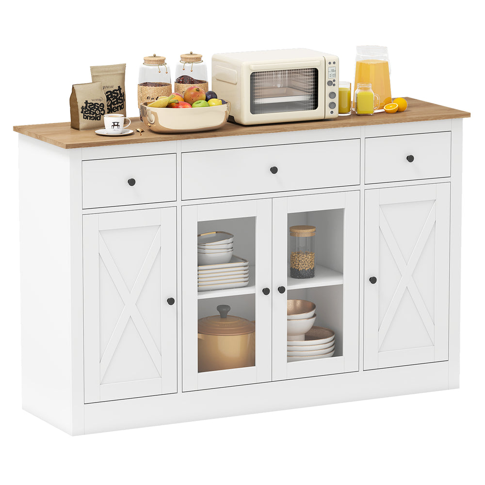 Large white buffet sideboard with 3 drawers, 2 glass doors, and adjustable shelves for kitchen storage and display.