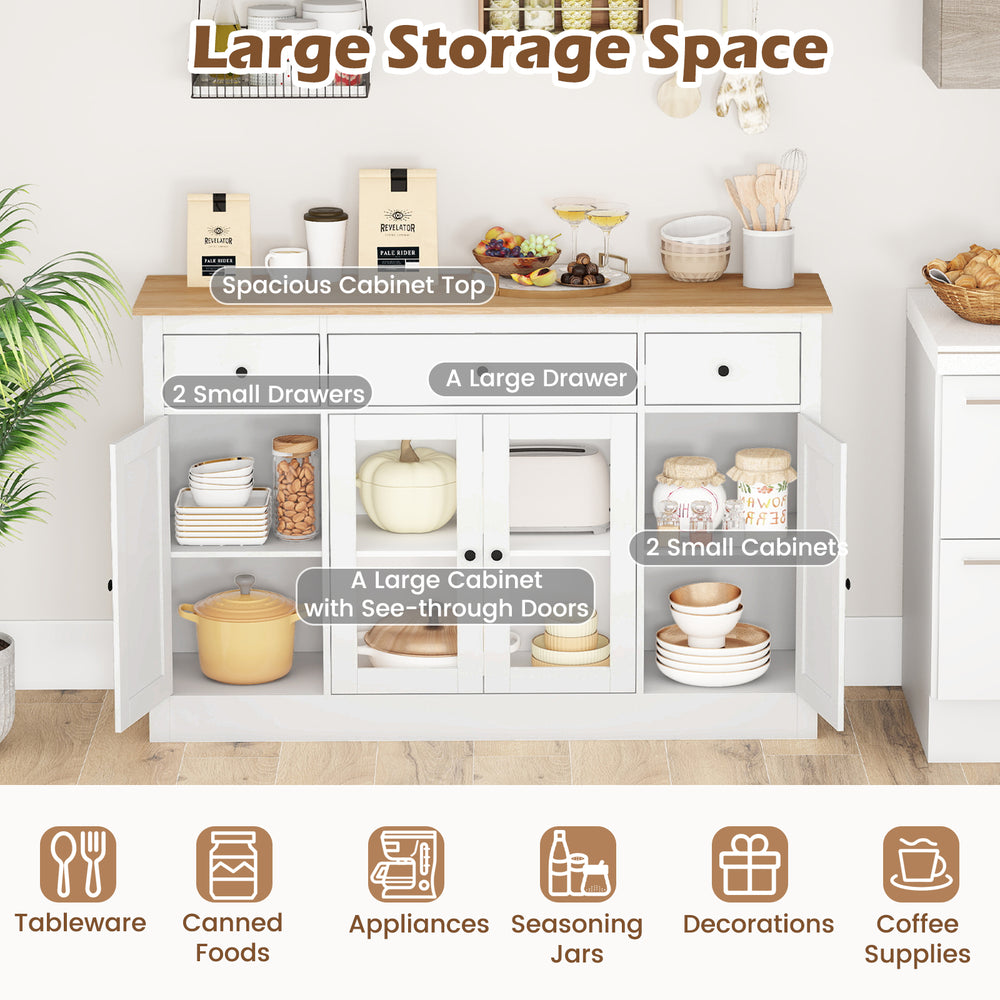 55" large buffet sideboard in white with 3 drawers, 2 see-through doors, and adjustable shelves for versatile kitchen.
