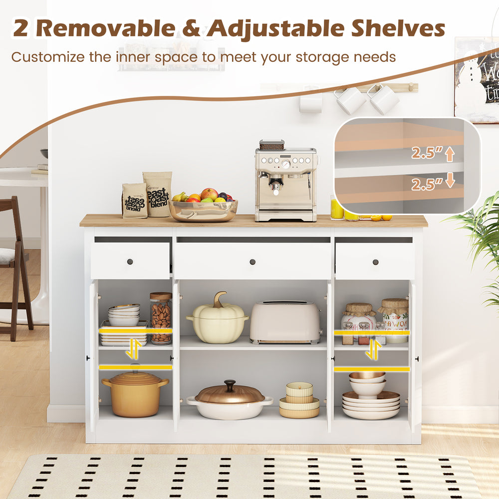 Large 55" white buffet sideboard with adjustable shelves, 3 drawers, and 2 see-through doors for versatile kitchen.