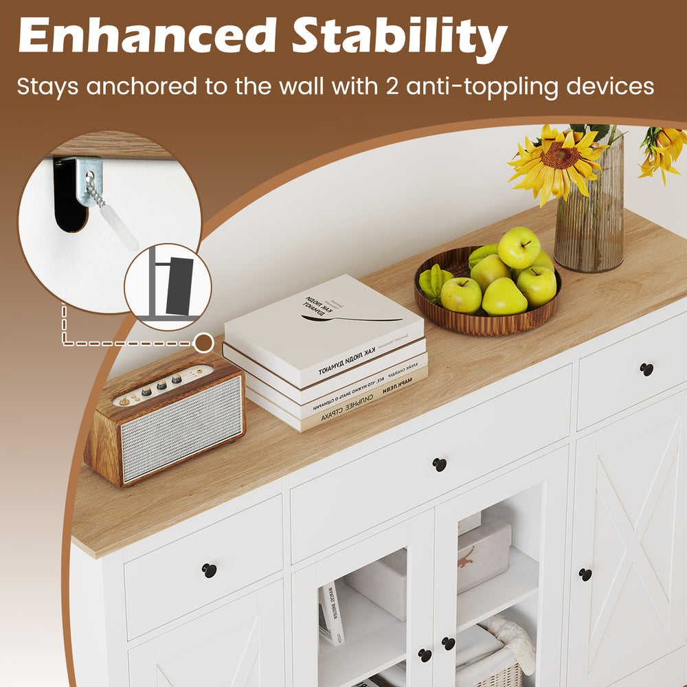 Buffet sideboard with 55" tabletop, 2 see-through doors, and anti-toppling devices for kitchen stability and safety.