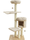 Multi-level 55" beige cat tree with condo, hammock, and scratching posts for adult cats, designed for comfort and stability.