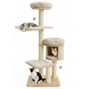 Multi-level 55" solid rubber wood cat tree in beige features cozy beds, scratching posts, and playful dangling balls for cats.