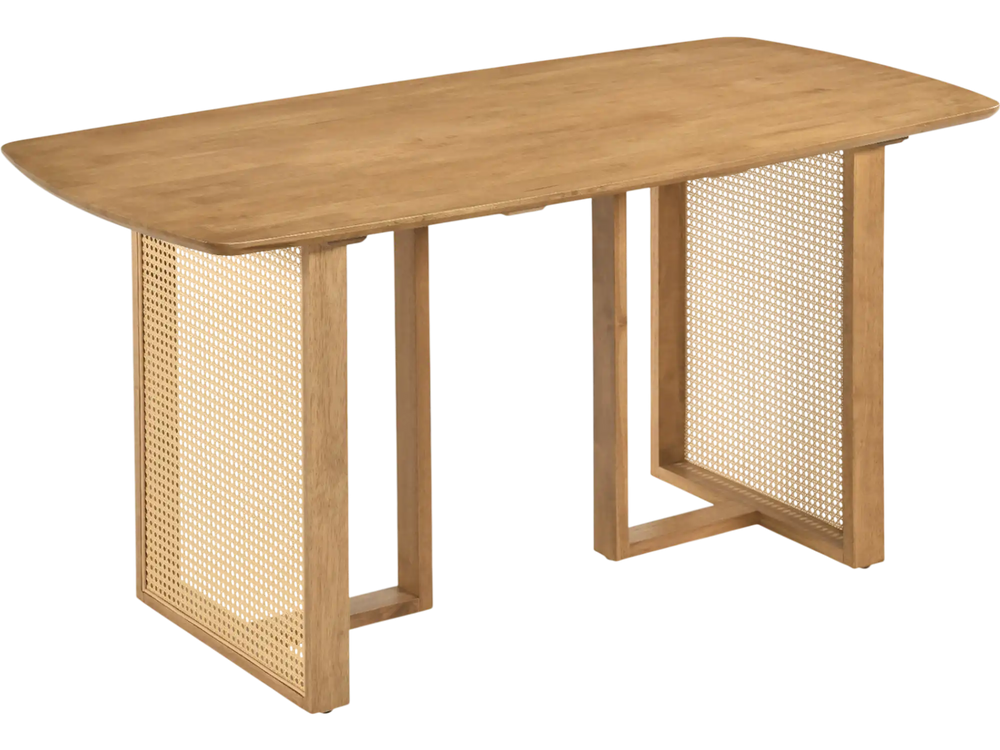 Solid rubber wood dining table with rounded edges and woven resin wicker details, seats 4 people for everyday use.