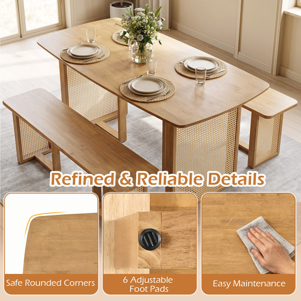 55" solid rubber wood dining table set for 4 features rounded edges, woven resin wicker, and adjustable foot pads for stability.