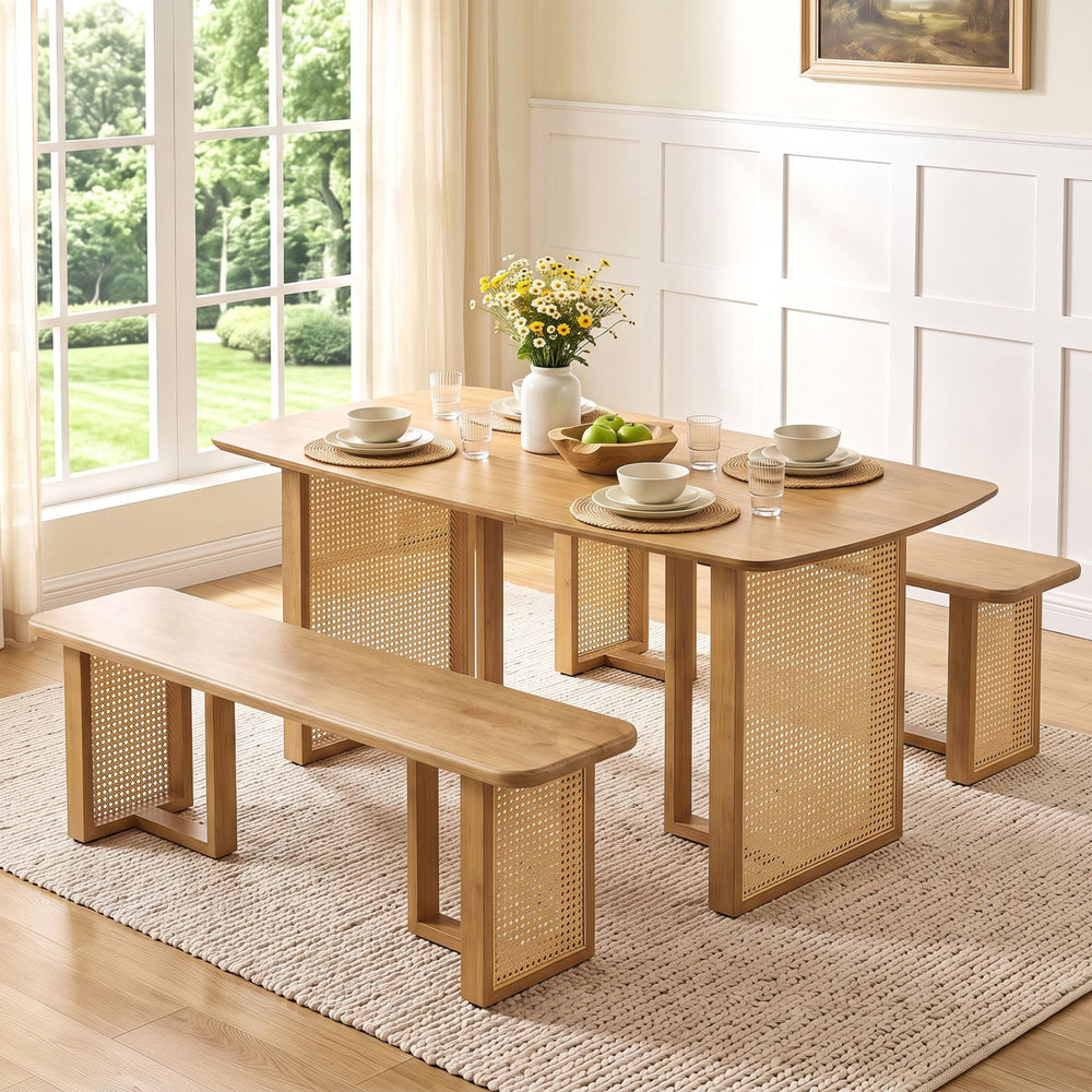 Natural 55" solid rubber wood dining bench with rattan legs, featuring a stylish design for versatile indoor use.