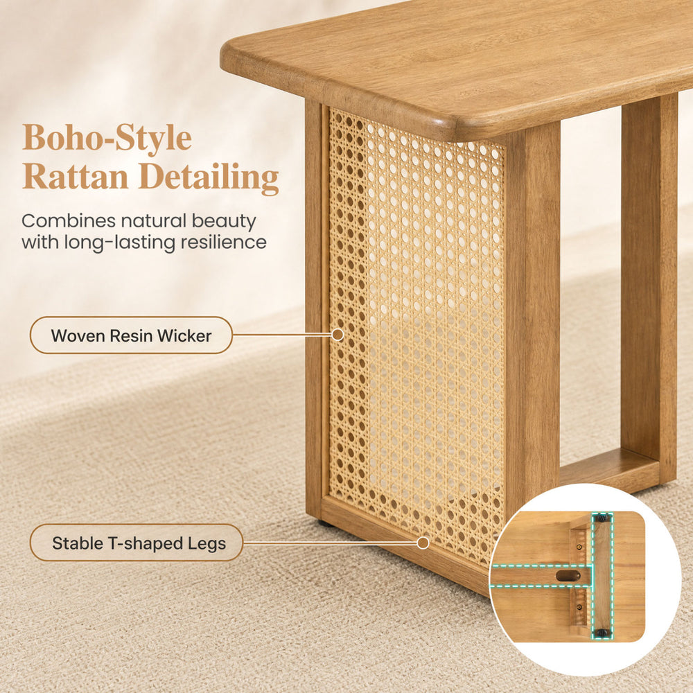 Solid rubber wood dining bench featuring boho-style rattan detailing and stable T-shaped legs for versatile indoor use.