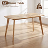55" solid wood dining table with rounded edges, seats 4-6 people, made from durable rubber wood for versatile use.