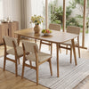 Solid wood dining table with rounded edges, seats 4-6 people, made from durable rubber wood for versatile use.
