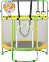 55" trampoline for kids with adjustable gymnastics bar and basketball hoop, designed for indoor and outdoor play.