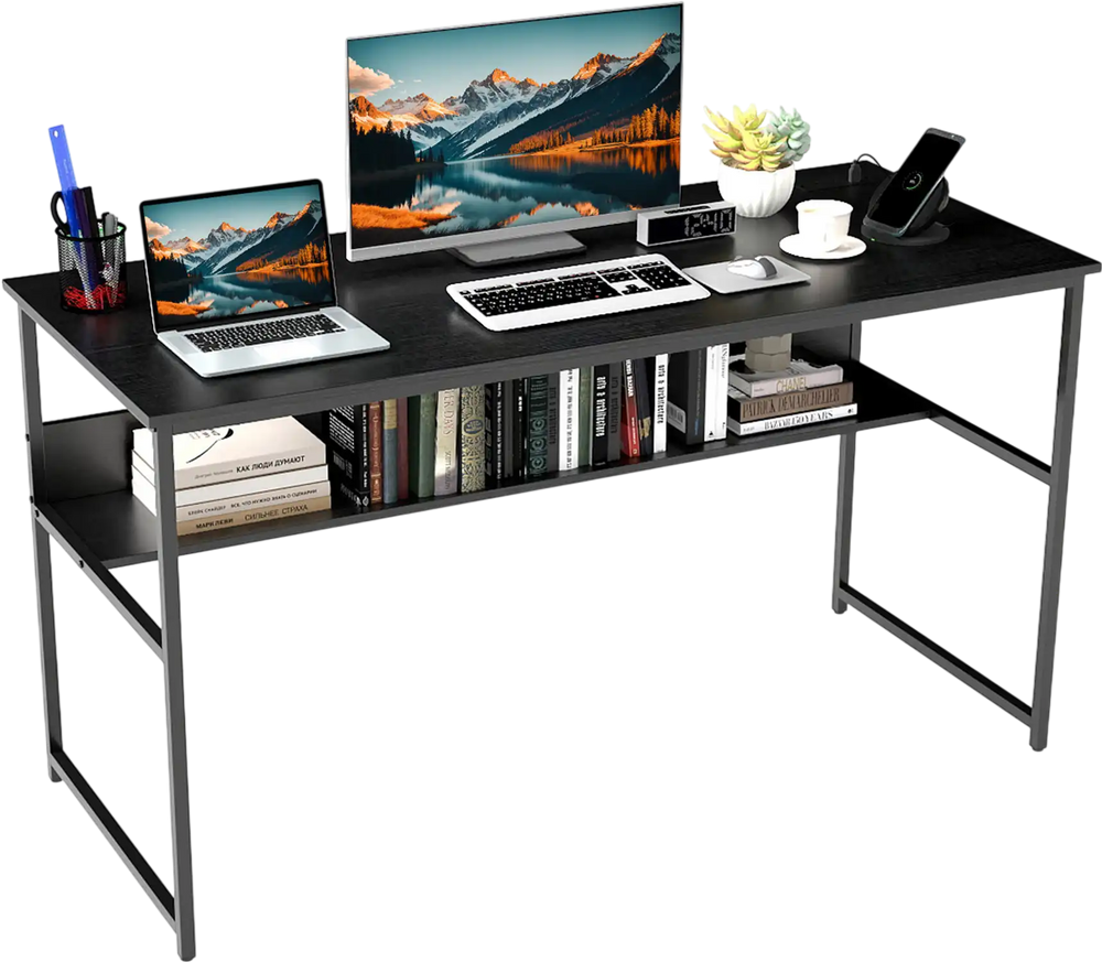 55 x 24 inch black computer desk with built-in power outlets, USB ports, and under-desk storage for office supplies.