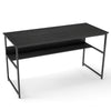 55 x 24 inch black computer desk with under-desk shelf, built-in power outlets, and USB ports for versatile workspace.