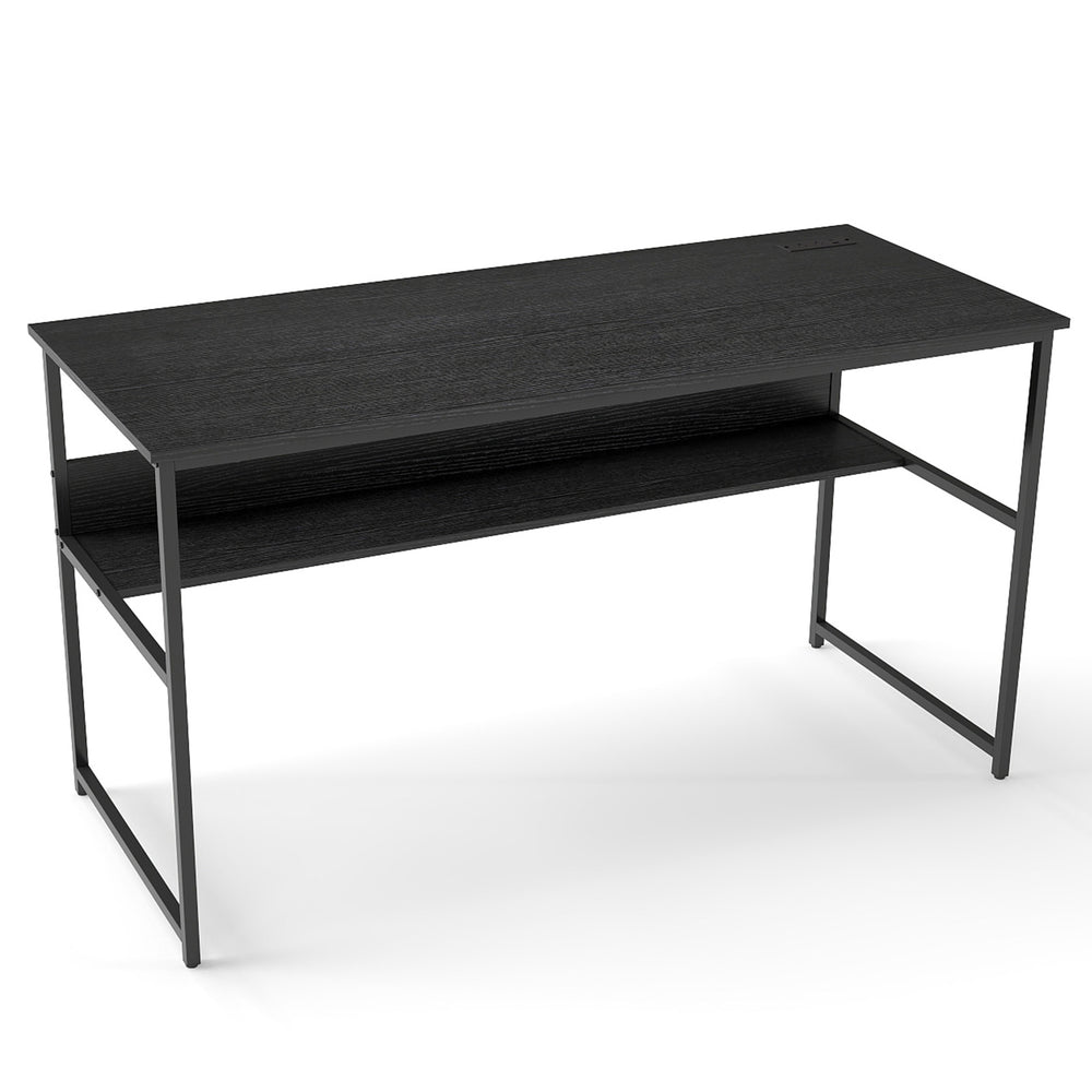 55 x 24 inch black computer desk with under-desk shelf, built-in power outlets, and USB ports for versatile workspace.