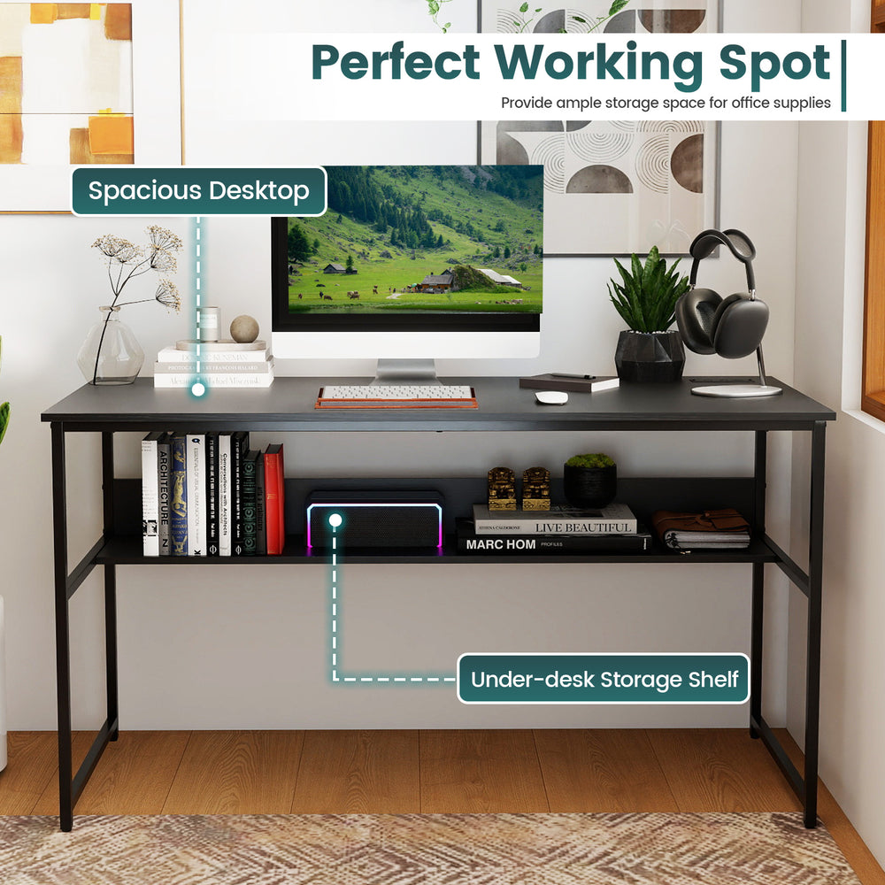 55 x 24 inch black computer desk with spacious desktop, under-desk storage shelf, and built-in charging station.