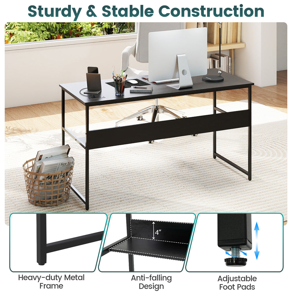 55 x 24 inch black computer desk with built-in power outlets, heavy-duty metal frame, and under-desk storage shelf.