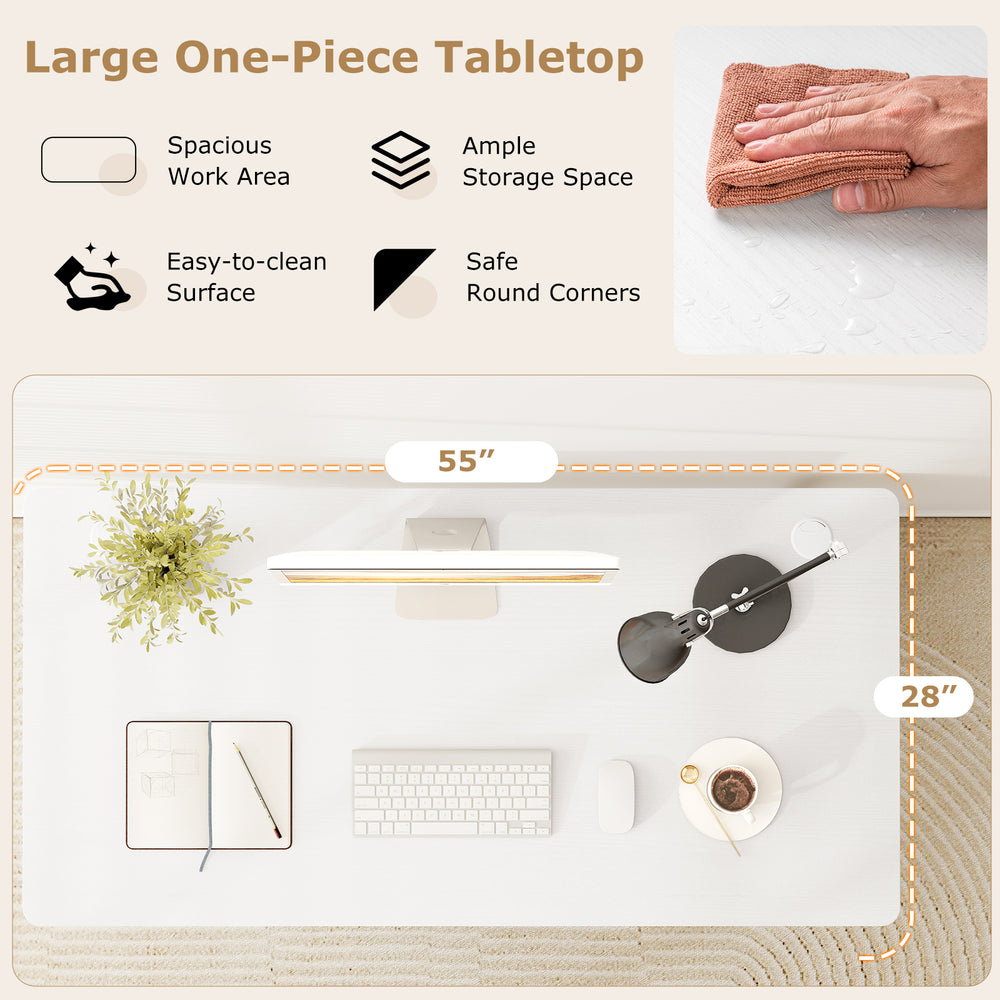 Large 55" x 28" natural tabletop with smooth surface, dual cable holes, and rounded corners for versatile desk setups.