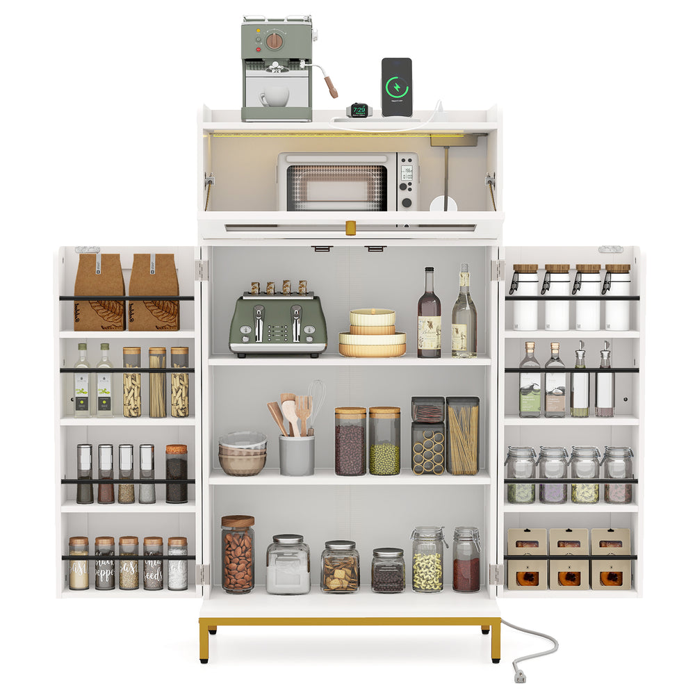 Freestanding white kitchen pantry cabinet with LED light, multiple shelves, and built-in power strip for organized.