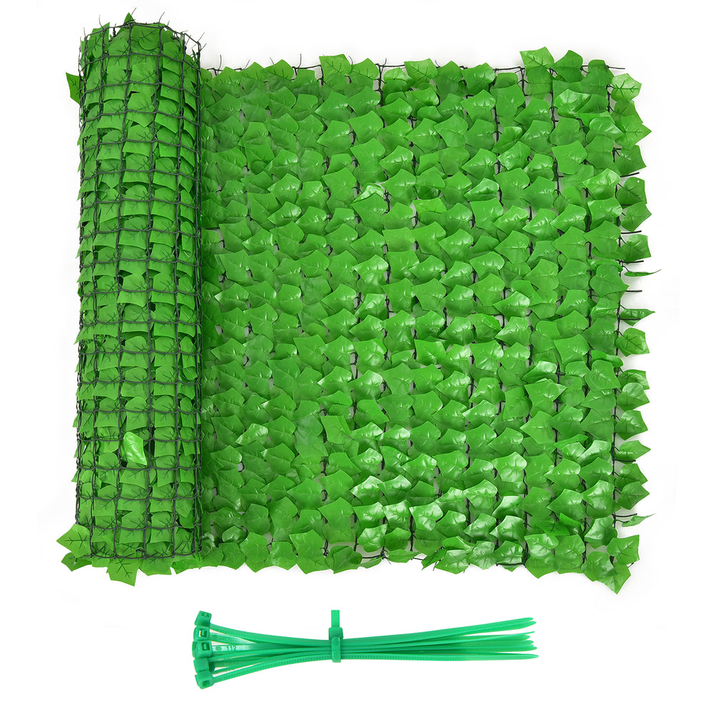 Artificial ivy privacy fence roll measuring 118 x 39 inches, made of durable polyester for outdoor decor and privacy.