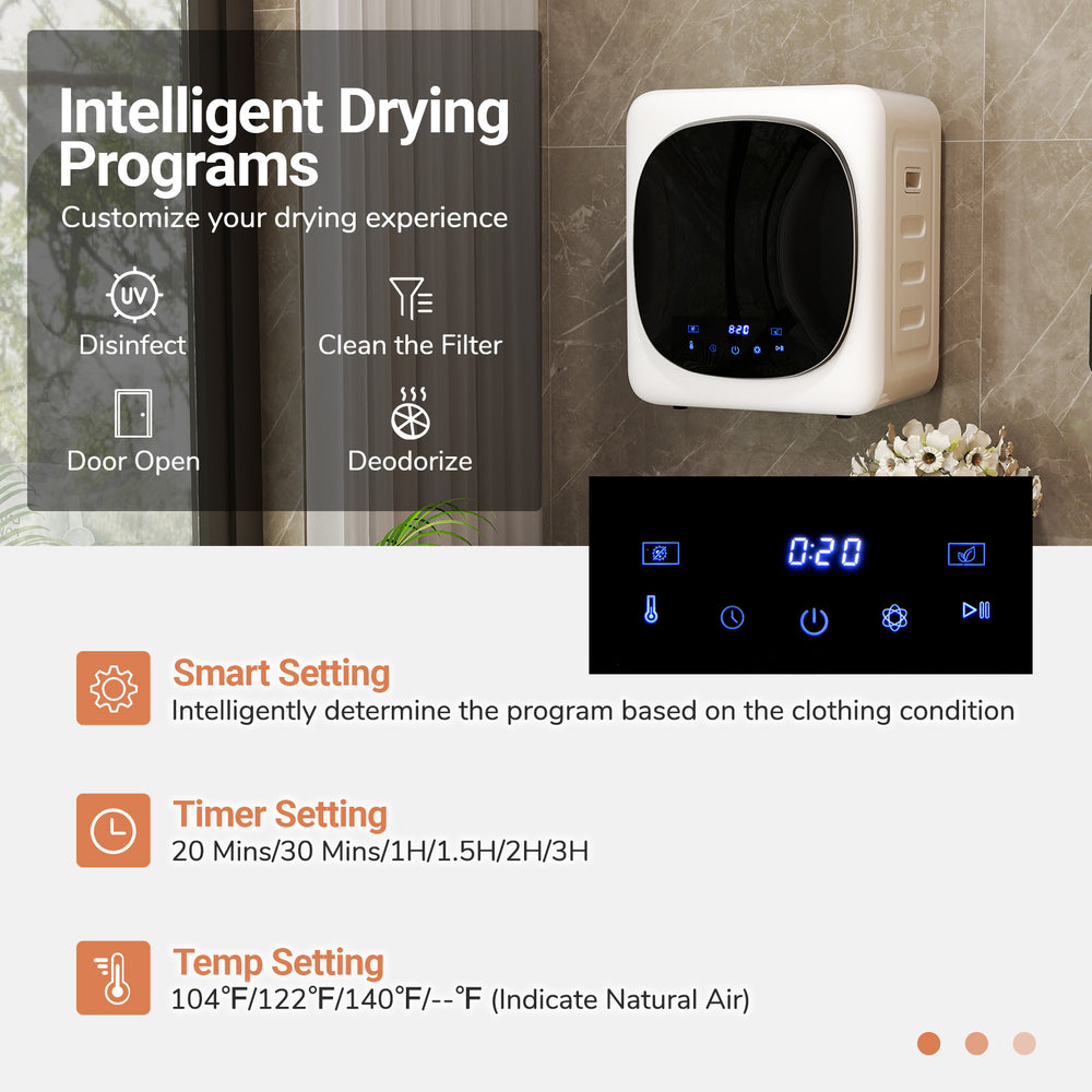 Portable 800W clothes dryer with LED touch panel, smart settings, and 1.5 cu.ft capacity for efficient laundry drying.