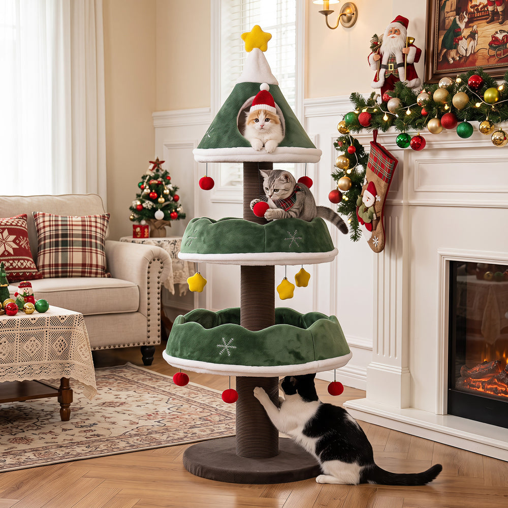 Multi-level 56.5-inch cat tower in festive green features a Christmas tree design, perfect for climbing and cozy naps.