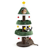Multi-level 56.5-inch cat tower in festive tree shape features soft padding, scratching posts, and dangling ornaments for fun.
