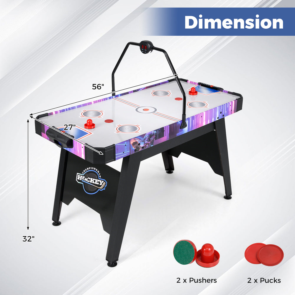 56-inch air hockey table with LED scoreboard, featuring 2 pushers and 2 pucks, designed for stable gameplay.