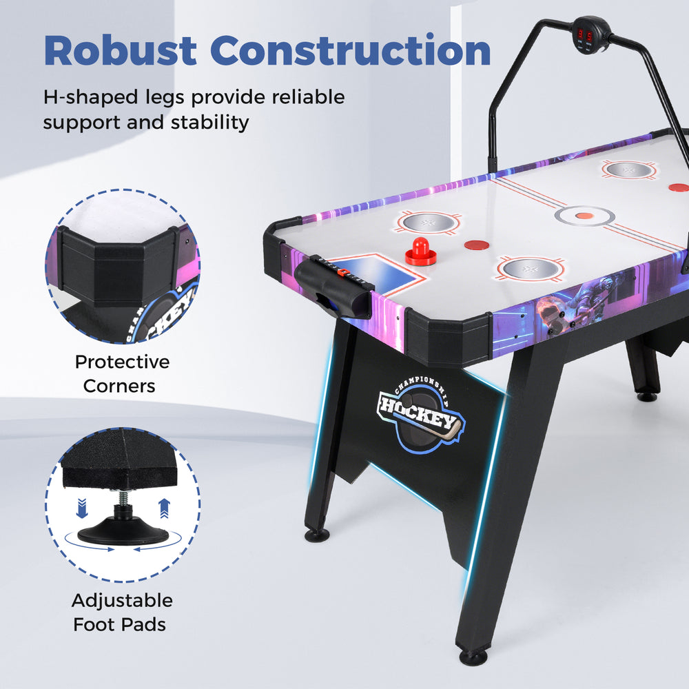 56-inch air hockey table with LED scoreboard, sturdy construction, and adjustable foot pads for stability on uneven.