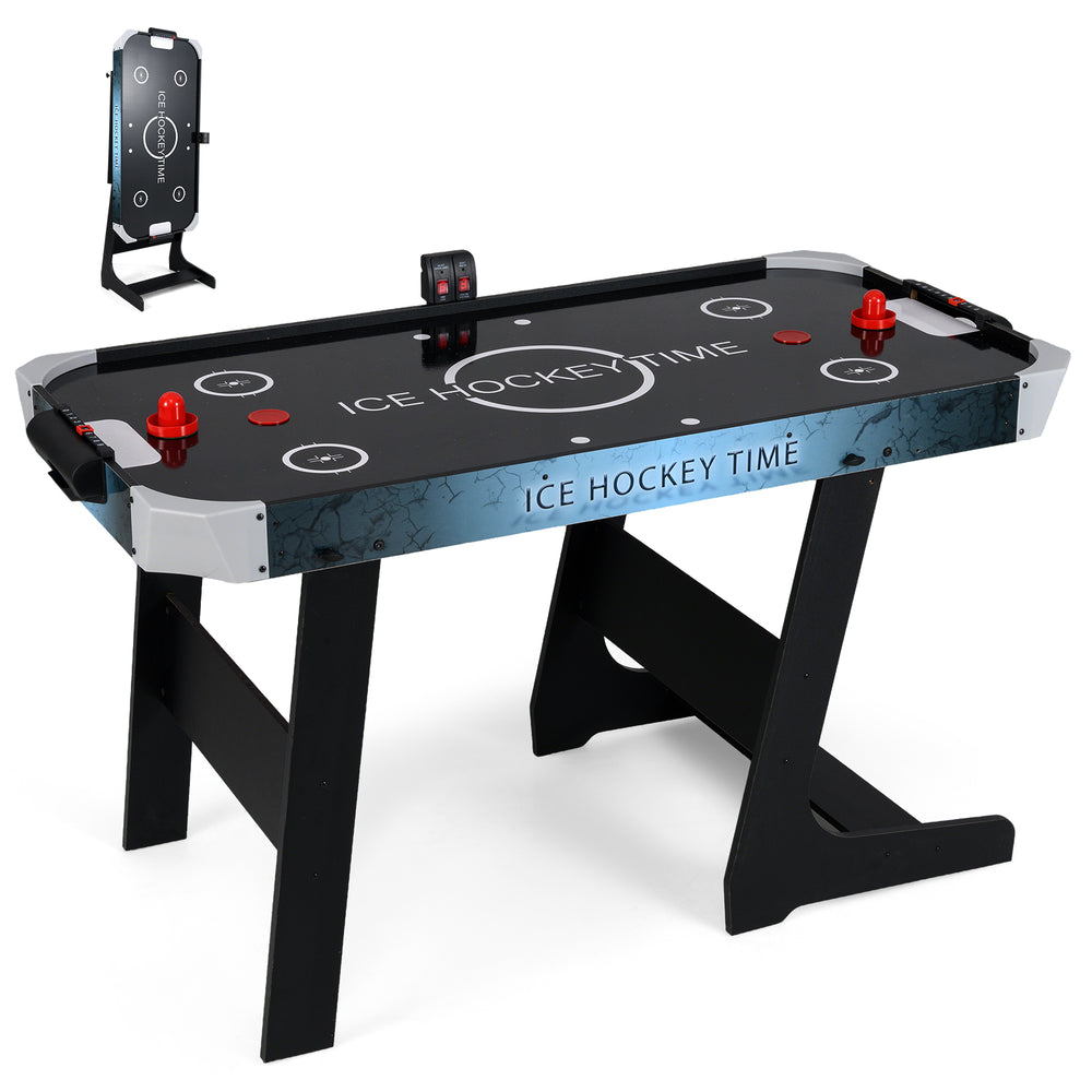 56-inch air hockey table with LED digital scoreboard and powerful 12V motor, perfect for small spaces and family fun.