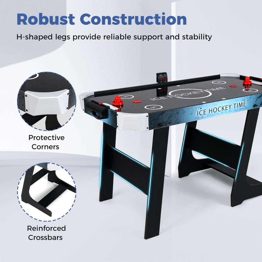 Close-up of the 56-inch air hockey table showing robust construction with protective corners and reinforced crossbars.