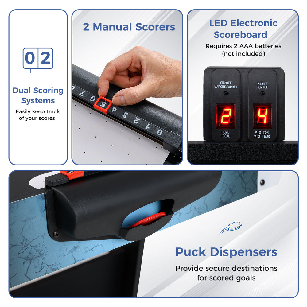 56-inch air hockey table featuring an LED digital scoreboard, manual scorers, and puck dispensers for endless fun.