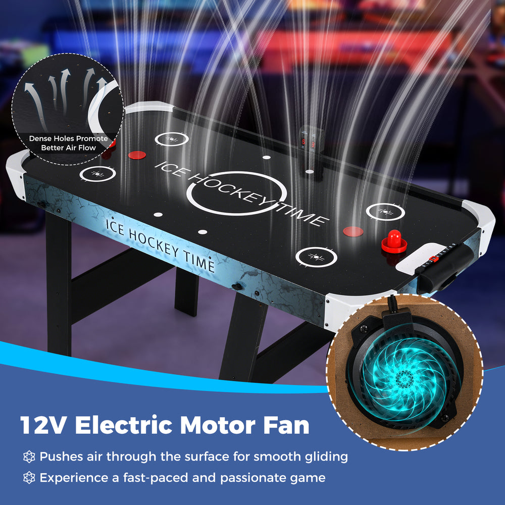 56-inch air hockey table with 12V motor, LED scoreboard, and dense air holes for smooth gameplay in compact spaces.