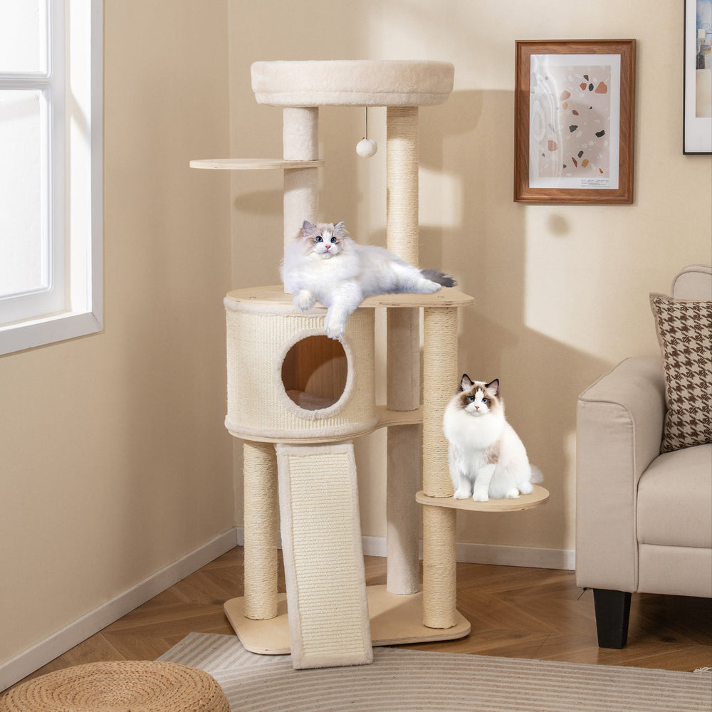 Cat tree with two sisal scratching posts, plush top perch, and cozy condo, perfect for multi-layer feline fun.