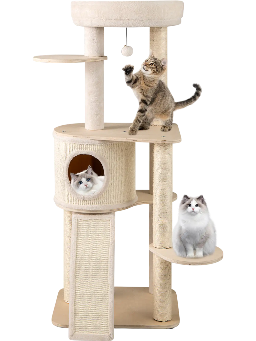 Cat tree with two sisal scratching posts, a cozy condo, and a plush top perch for multi-layer fun and relaxation.