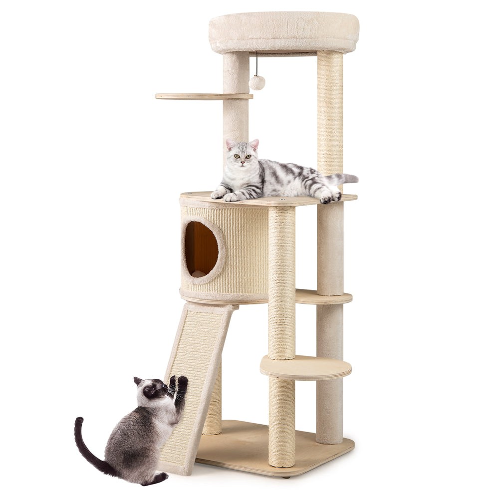 Cat tree with two sisal scratching posts, ladder, and plush top perch for multi-layer fun and relaxation.