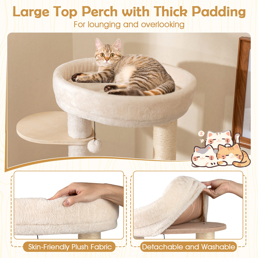 Comfy top perch with thick padding on a 56-inch tall cat tree, ideal for lounging and overlooking.