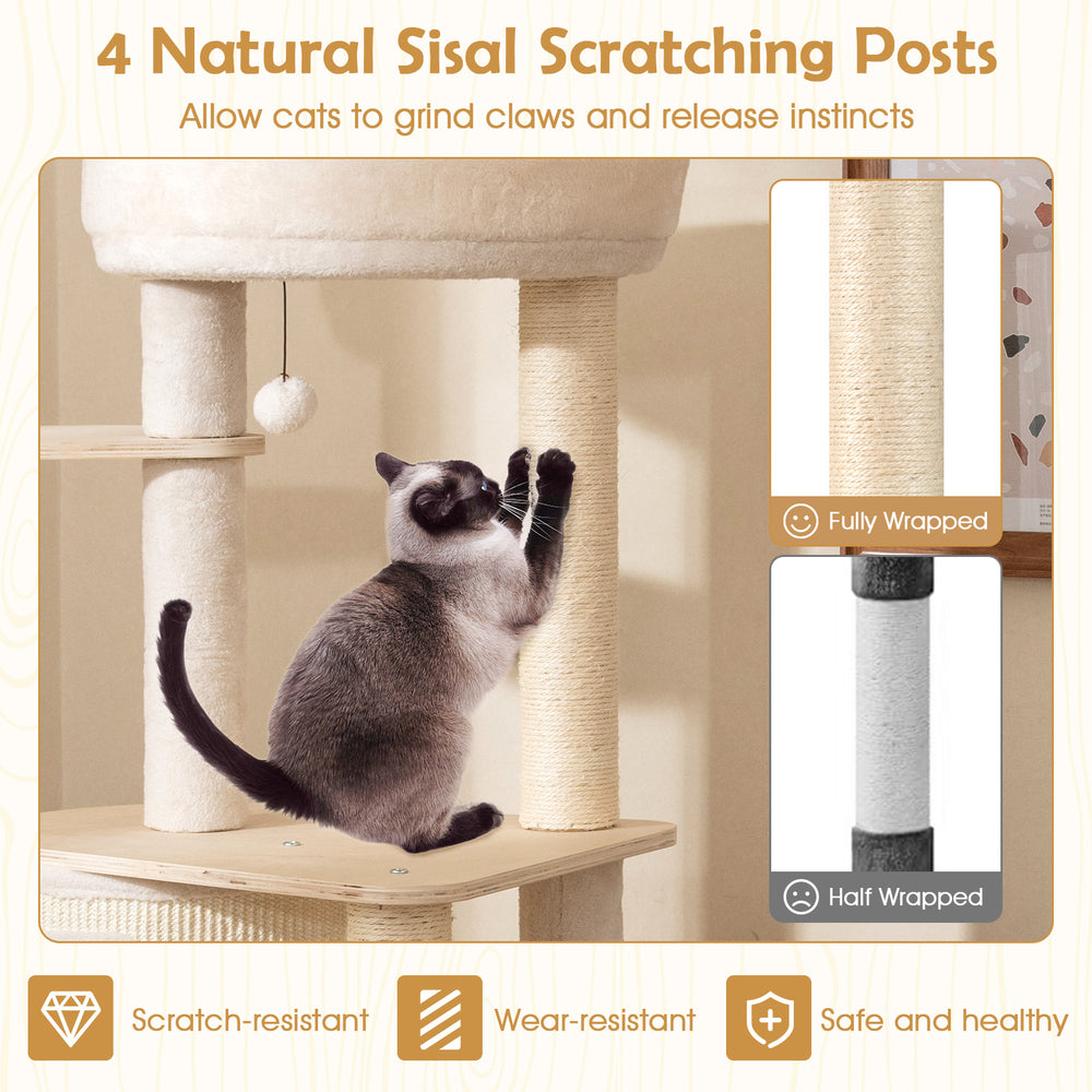 Cat tree featuring two fully wrapped sisal scratching posts for claw grinding and a sturdy birch plywood frame.