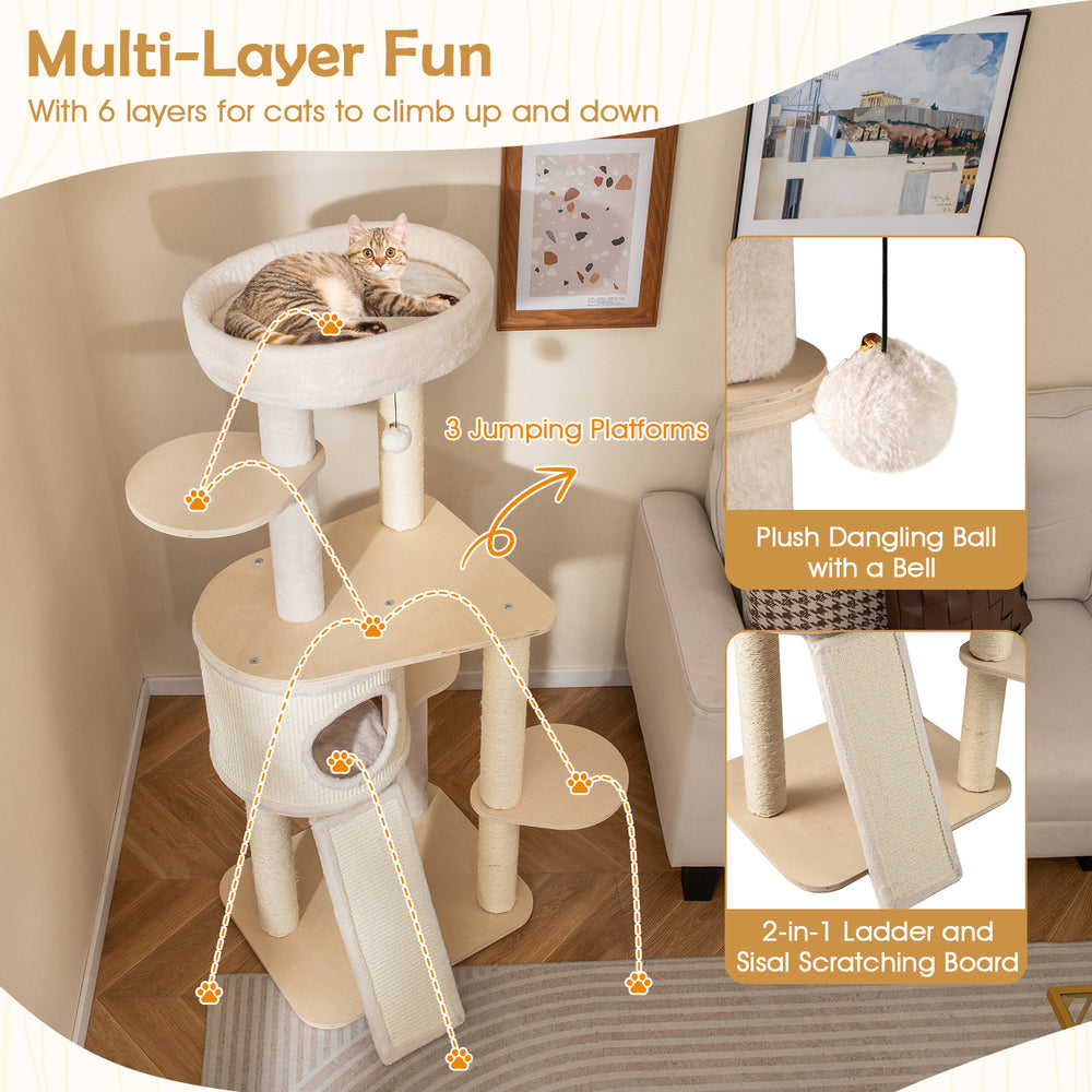 Multi-layer cat tree with 3 jumping platforms, sisal scratching posts, and a plush dangling ball for playful fun.